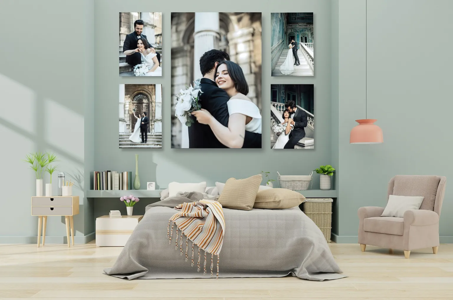 Custom metal photo prints displayed as a wall art cluster