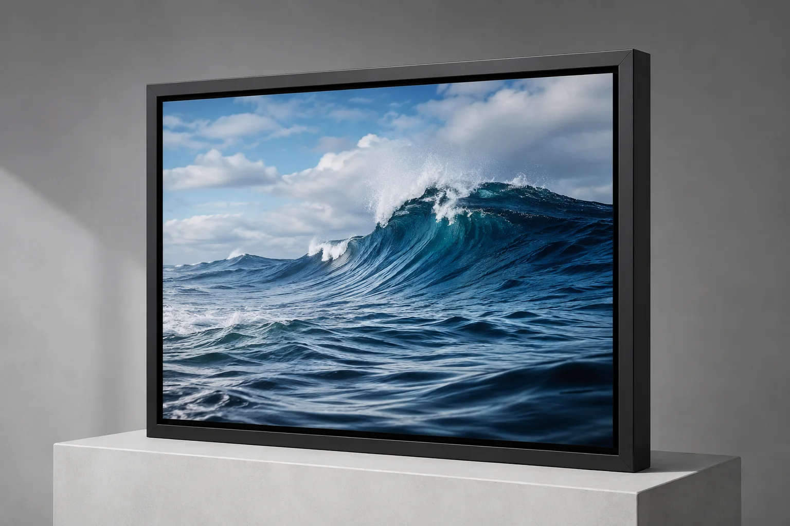 Black aluminum alloy float frame around a metal ocean photo print, illustrative rendering
