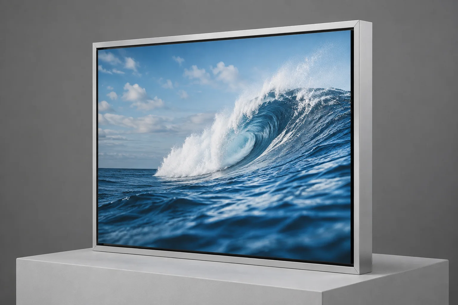 Natural silver aluminum alloy float frame around a metal ocean photo print, illustrative rendering